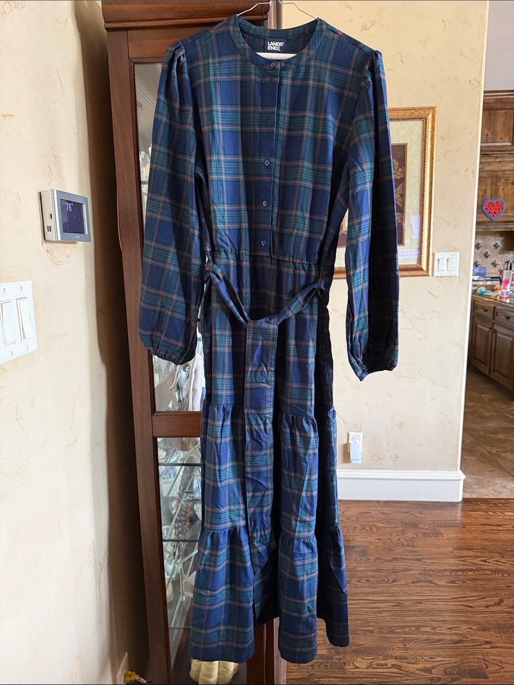 Lands' End Blue and Green Plaid Tiered Button-Front Maxi Dress
